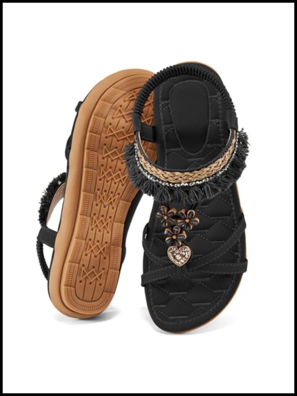 Bohemian Beaded Tassel Flat Sandals with Elastic Ankle Strap, Non-Slip Outsole